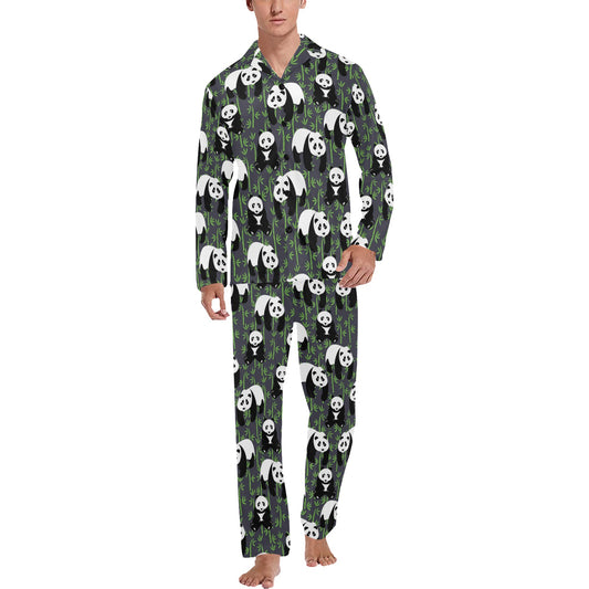 Panda Bear Bamboo Themed Print Men's Long Pajama Set