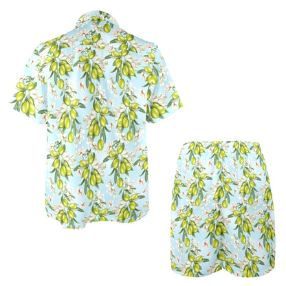 Elegant Olive Floral Print Men's Beach Shirt and Shorts Set