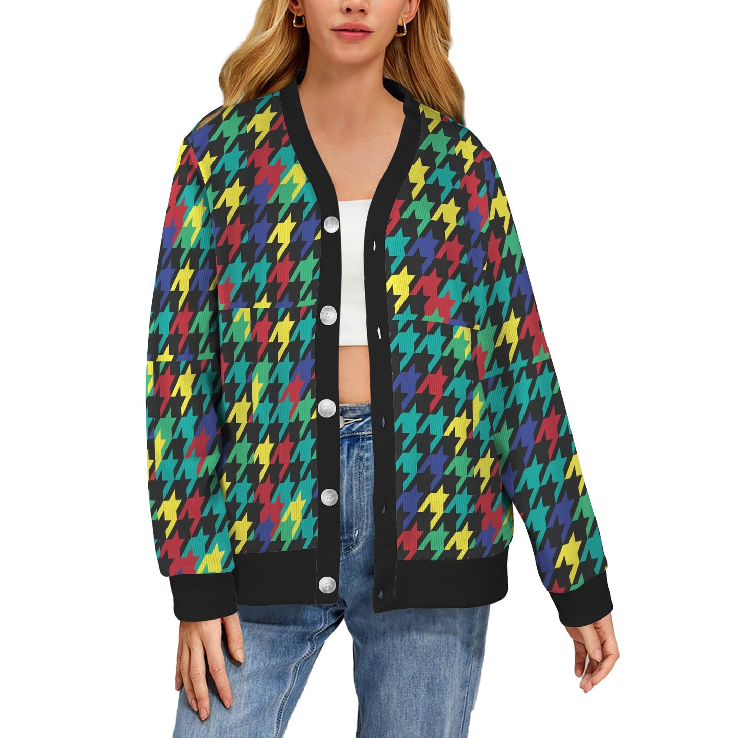 Houndstooth Colorful Pattern Print Design 02 Women's Cardigan