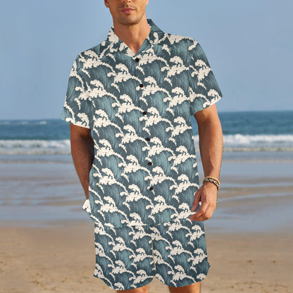 Wave Art Print Men's Beach Shirt and Shorts Set