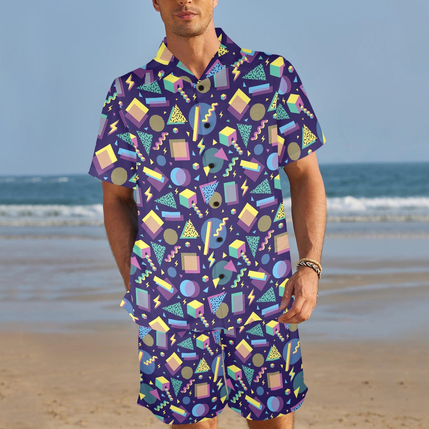 Geometric Print Design LKS401 Men's Beach Shirt and Shorts Set