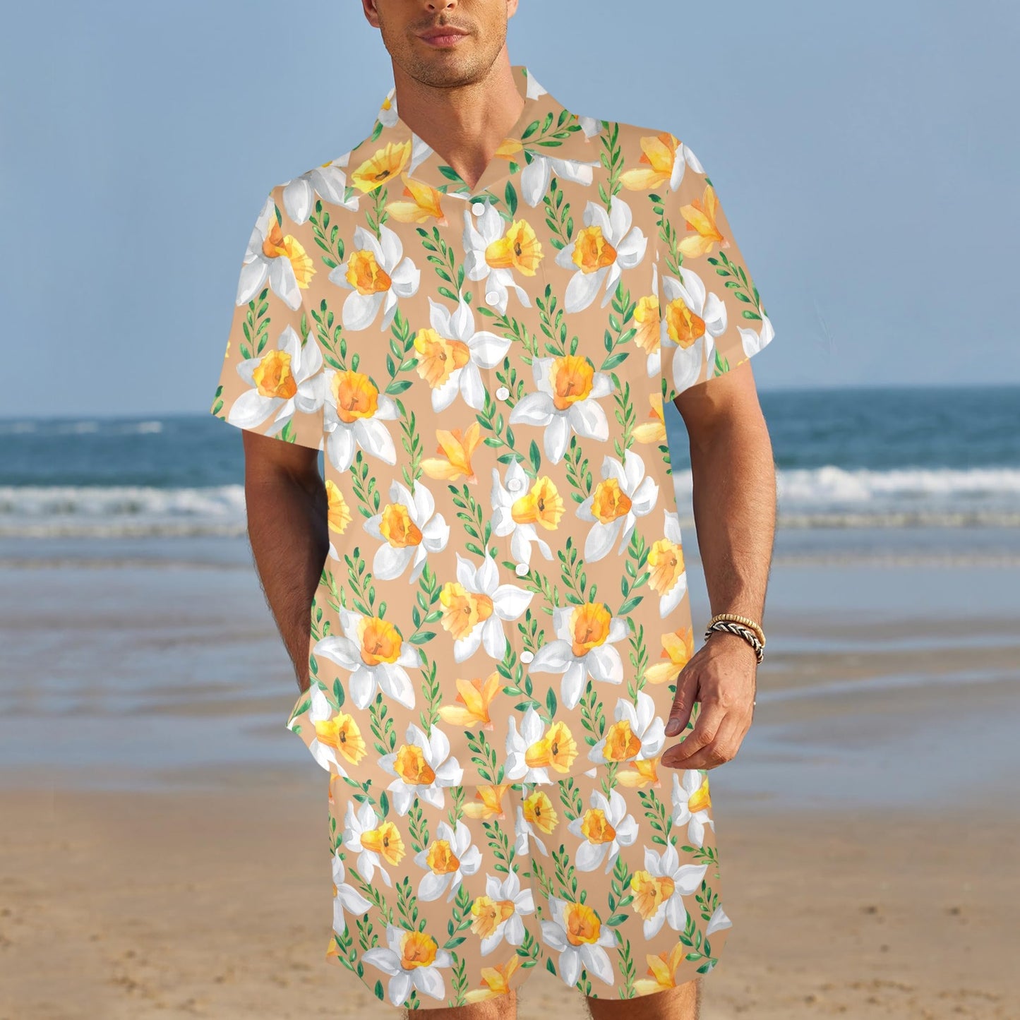 Daffodils Pattern Print Design DF04 Men's Beach Shirt and Shorts Set