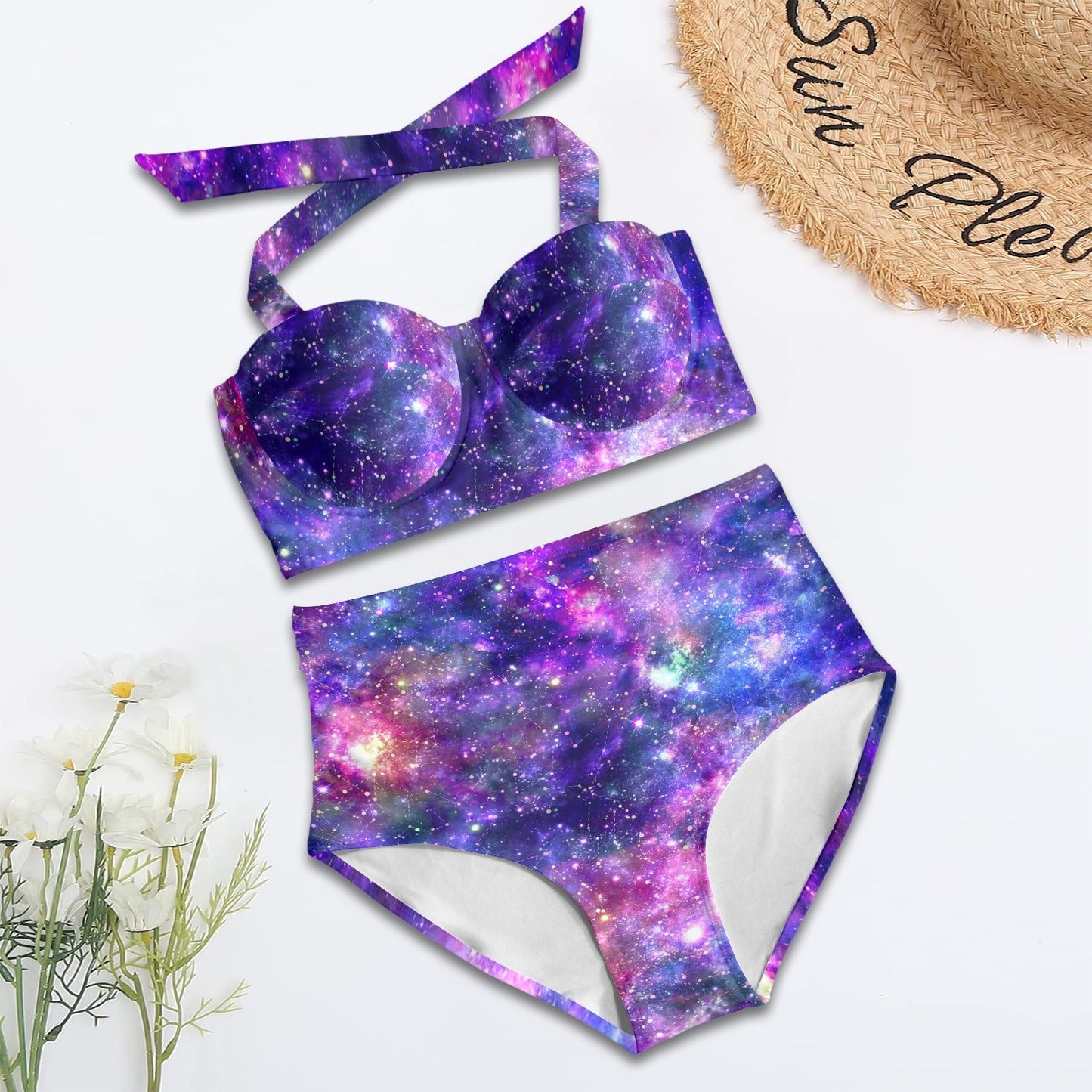 Galaxy Night Stardust Space Print Halter Neck Bikini Swimsuit