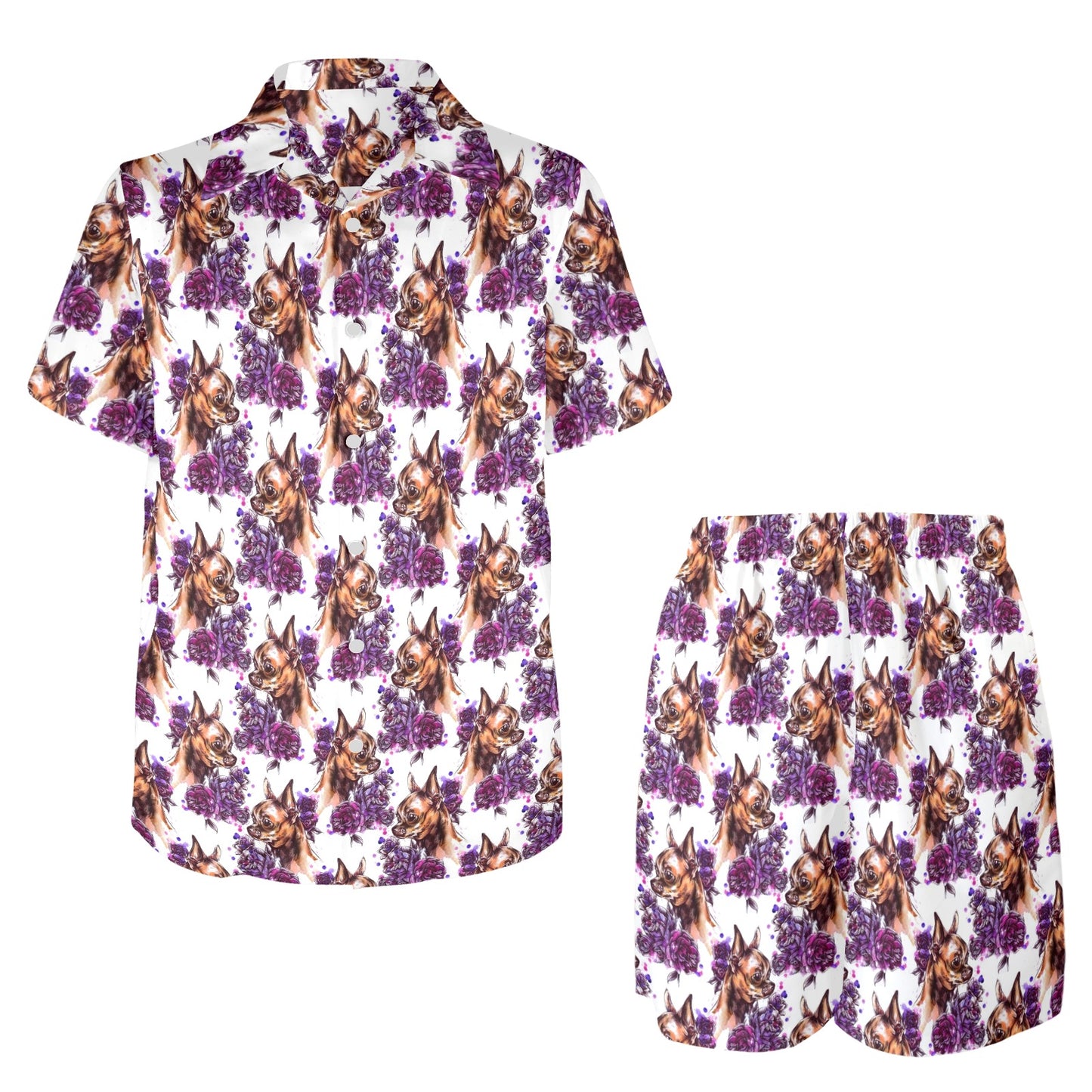 Chihuahua Purple Floral Men's Beach Shirt and Shorts Set