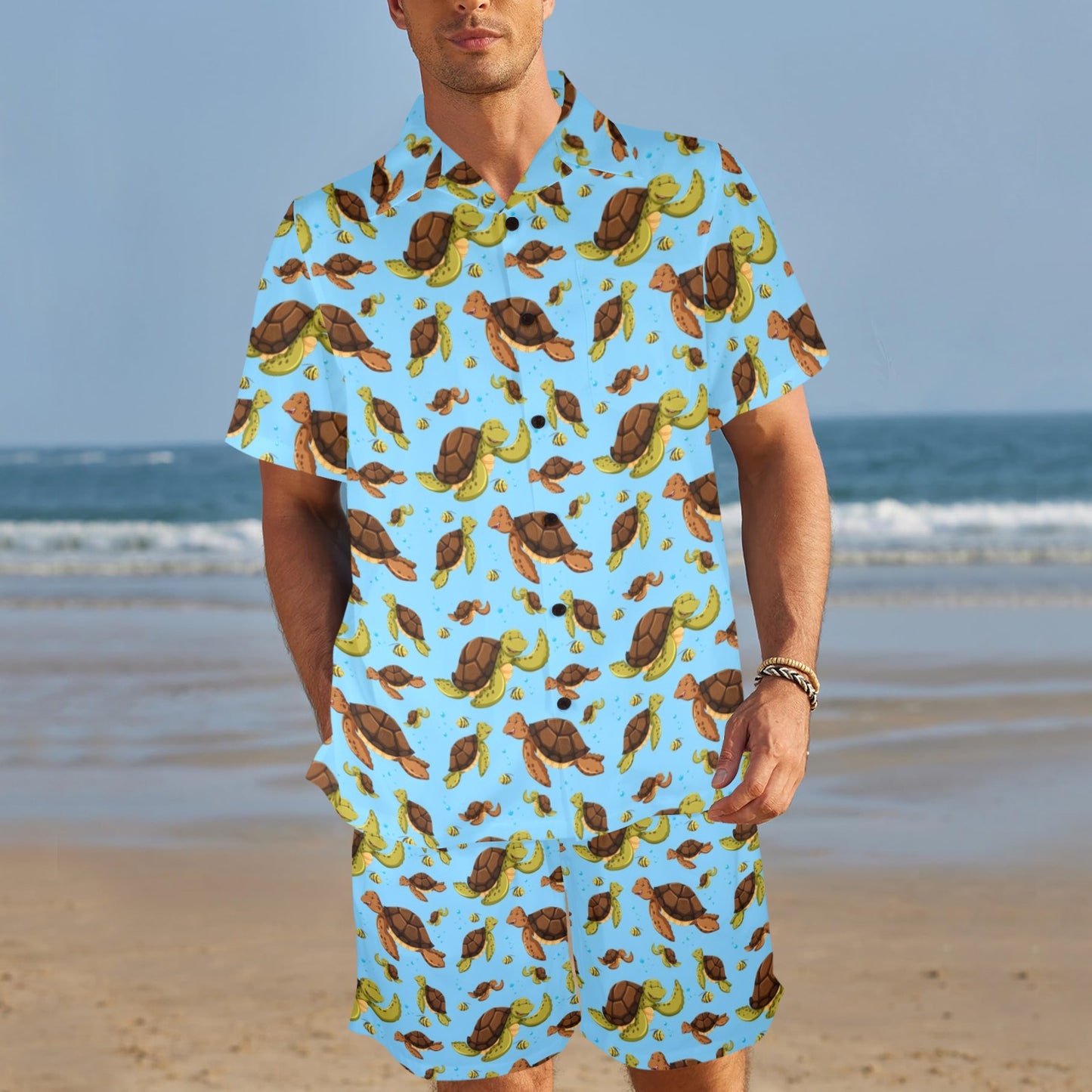 Hello Sea Turtle Print Pattern Men's Beach Shirt and Shorts Set