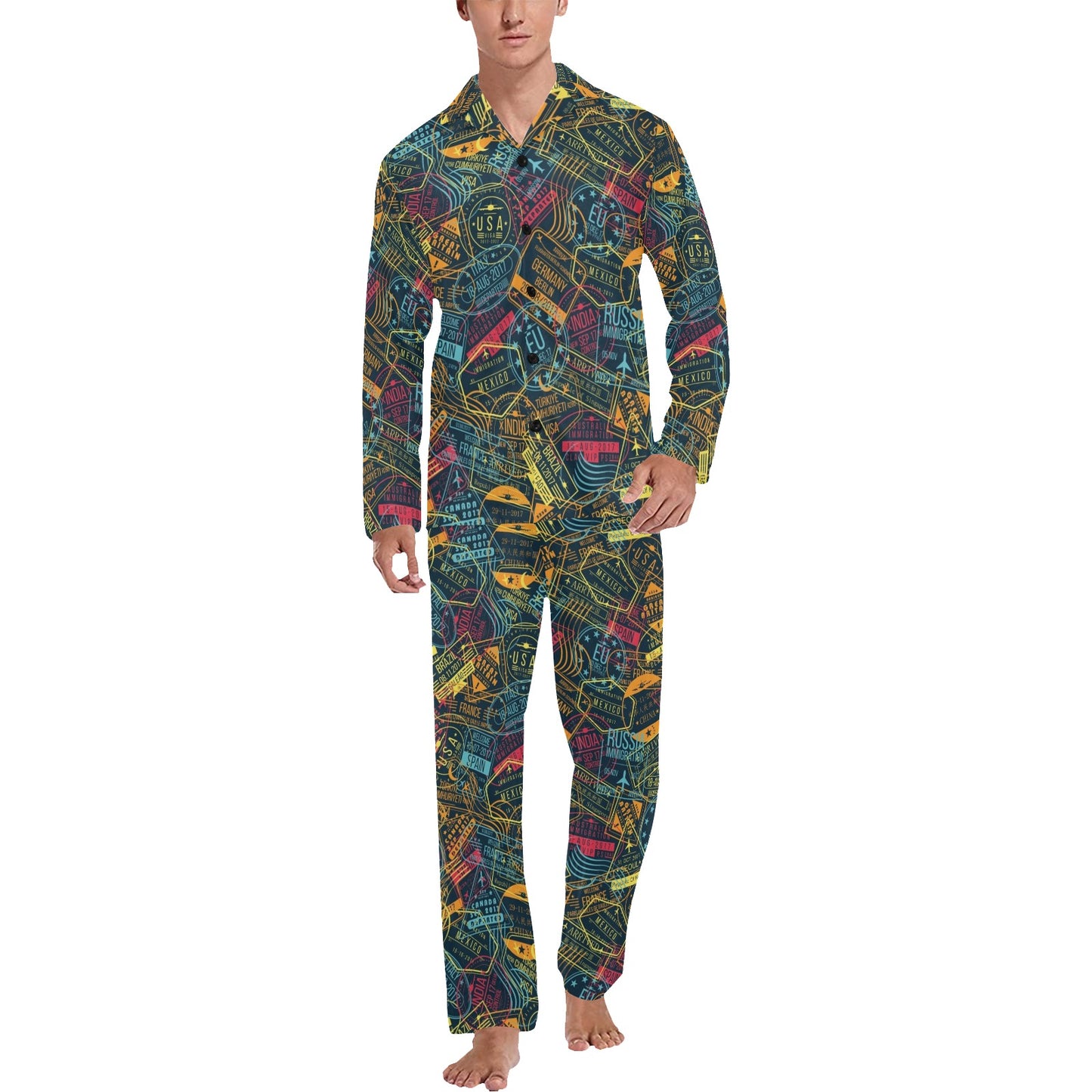 Travel Stamp Colorful Print Design LKS304 Men's Long Pajama Set