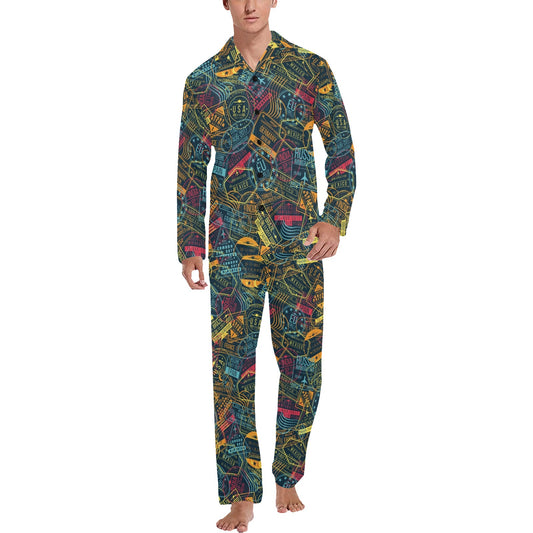 Travel Stamp Colorful Print Design LKS304 Men's Long Pajama Set