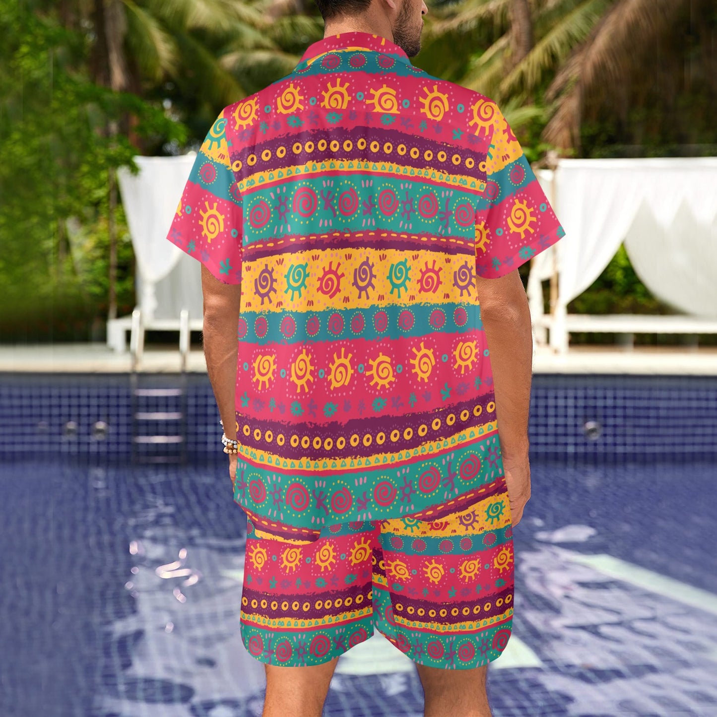 Ethnic Design Print Pattern JJ0134 Men's Beach Shirt and Shorts Set