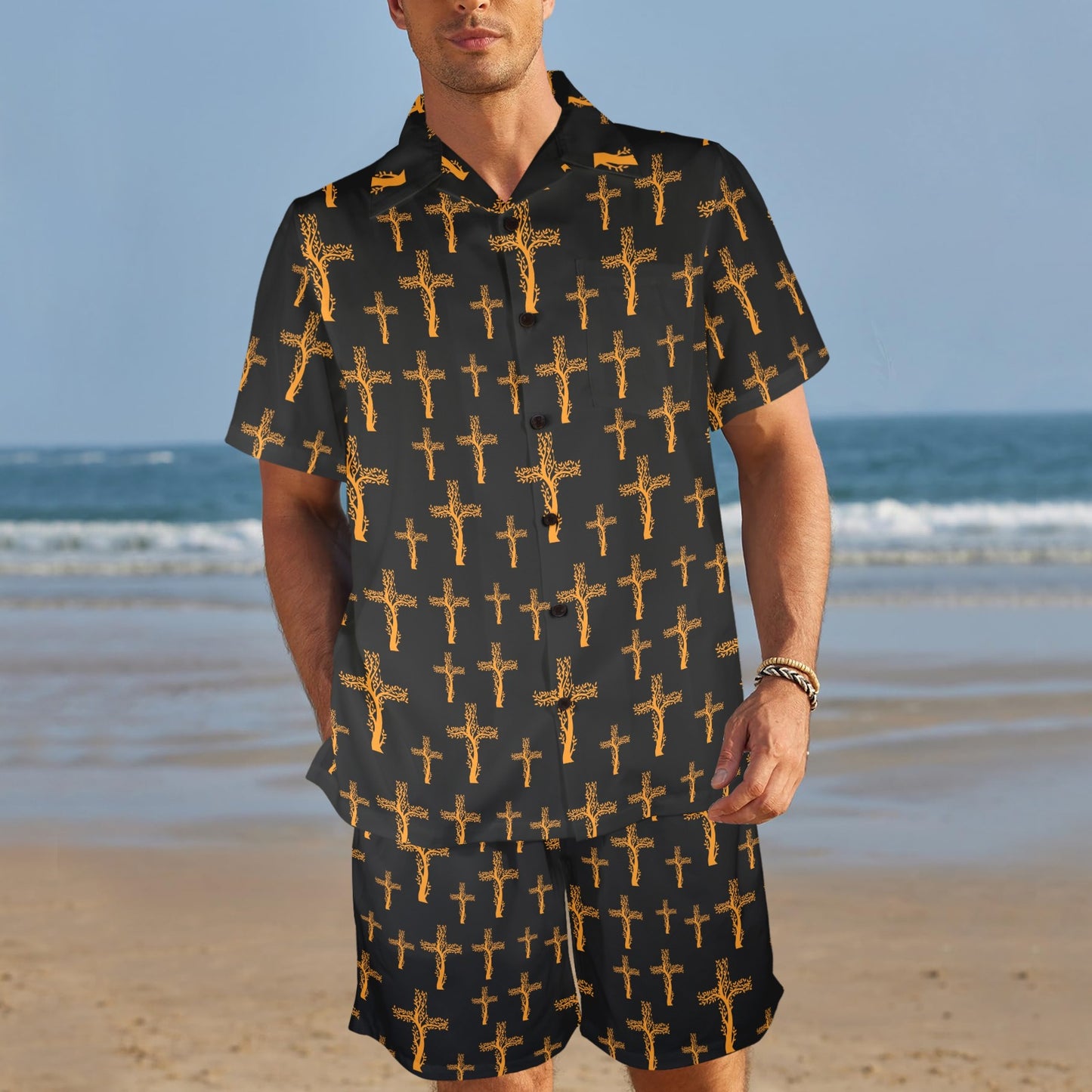Christian Tree of Life Cross Design Men's Beach Shirt and Shorts Set