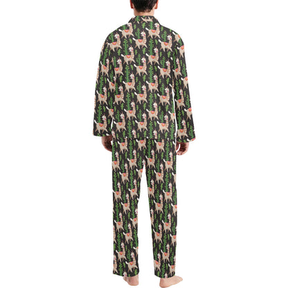 Alpaca Cactus Design Themed Print Men's Long Pajama Set
