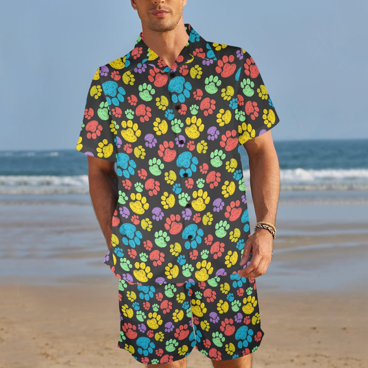 Paw Colorful Print Men's Beach Shirt and Shorts Set