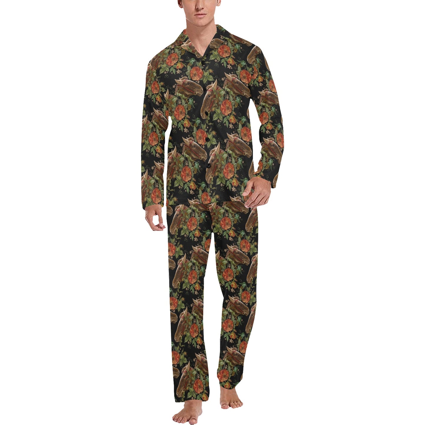 Horse Embroidery with Flower Design Men's Long Pajama Set