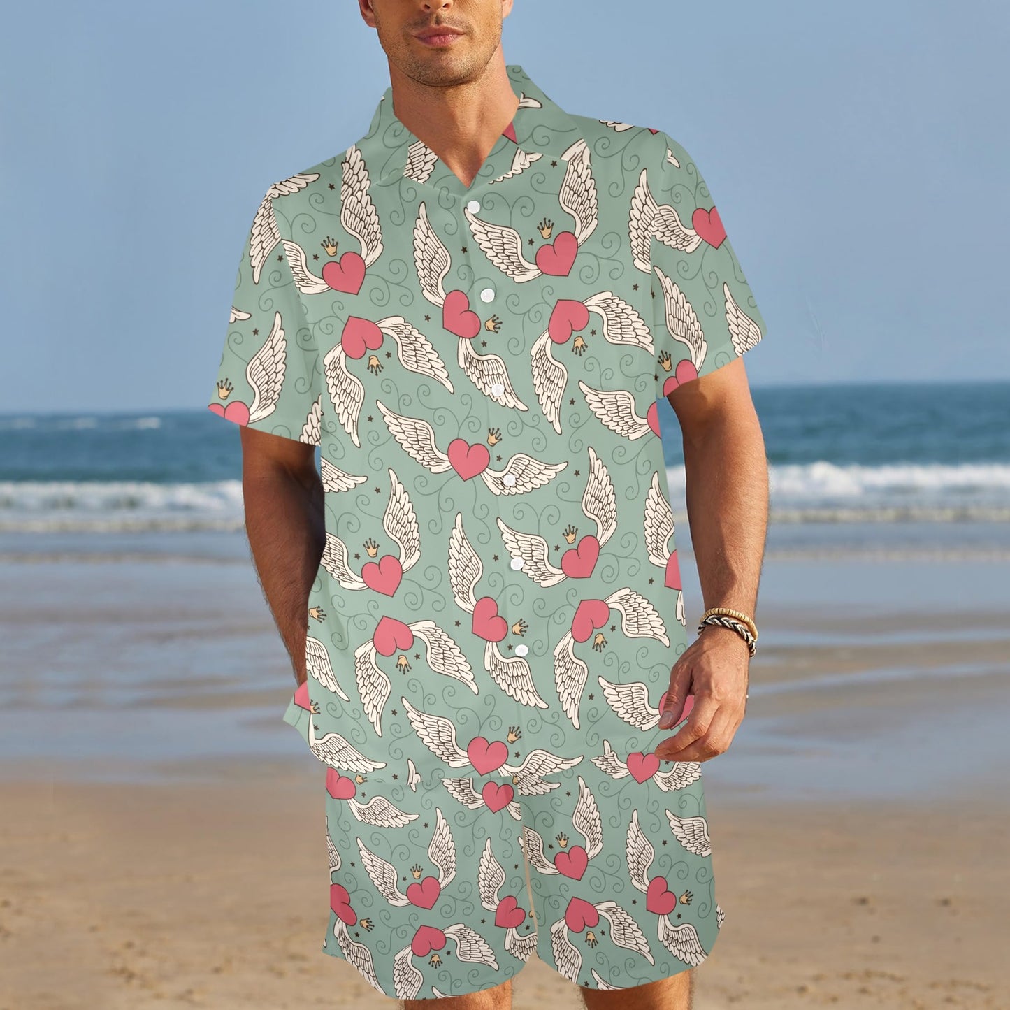 Angel Wings Heart Design Themed Print Men's Beach Shirt and Shorts Set