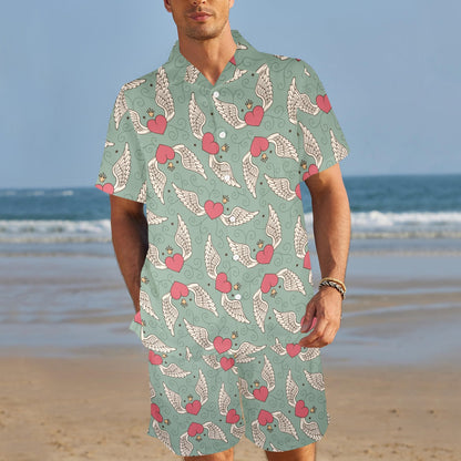 Angel Wings Heart Design Themed Print Men's Beach Shirt and Shorts Set