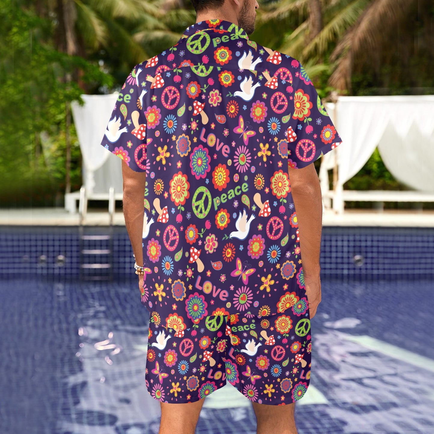 Flower Power Peace Design Print Men's Beach Shirt and Shorts Set