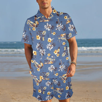 Hawaiian Flower Blue Print Men's Beach Shirt and Shorts Set