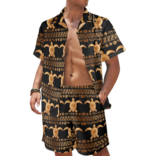 Tribal Sea turtle Polynesian Hawaiian Men's Beach Shirt and Shorts Set