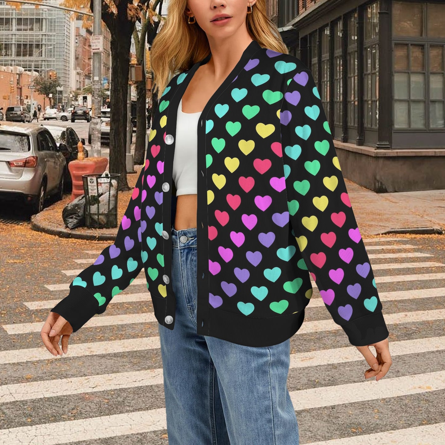 Heart Rainbow Pattern Print Design HE02 Women's Cardigan