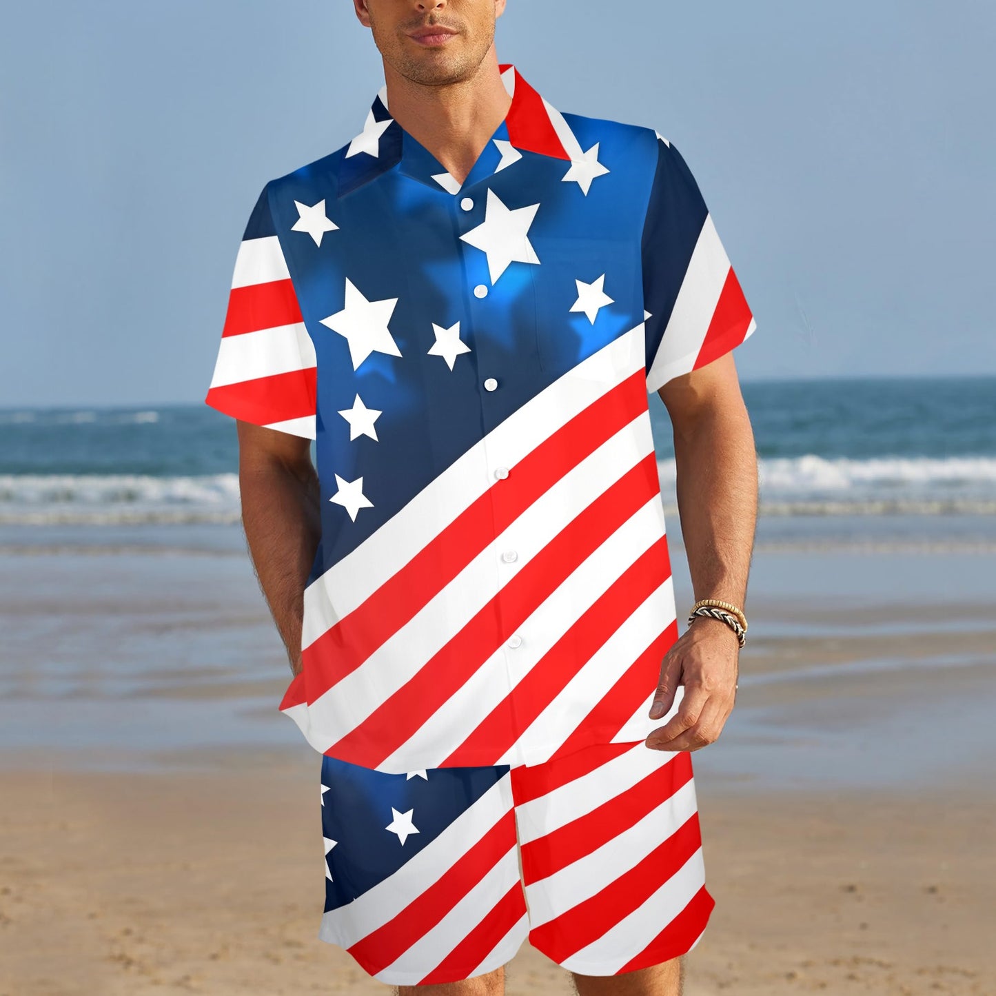 American flag Style Men's Beach Shirt and Shorts Set