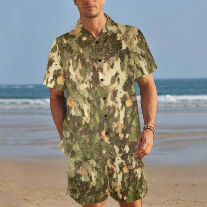 Camo Realistic Tree Texture Print Men's Beach Shirt and Shorts Set