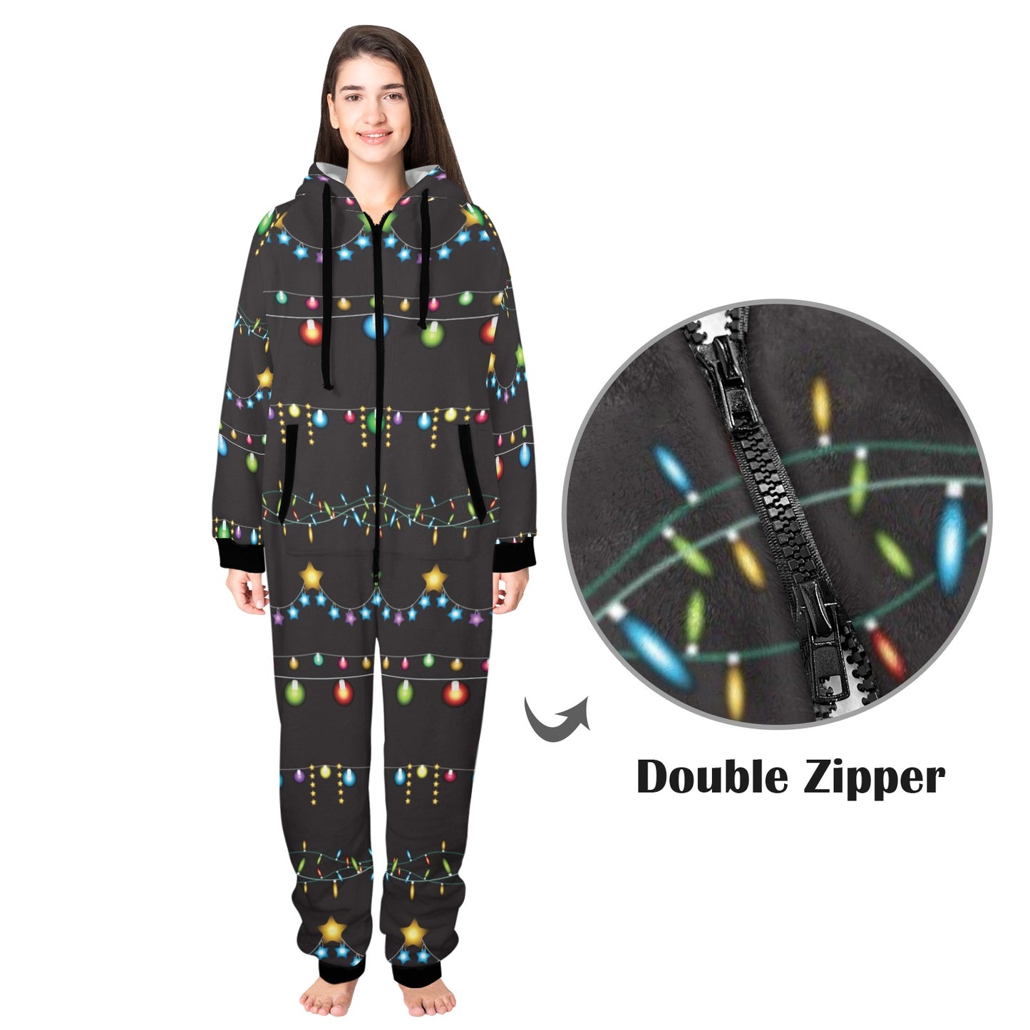 Christmas Light Pattern Print Design 01 Hooded Fleece Onesie Pajama Jumpsuit