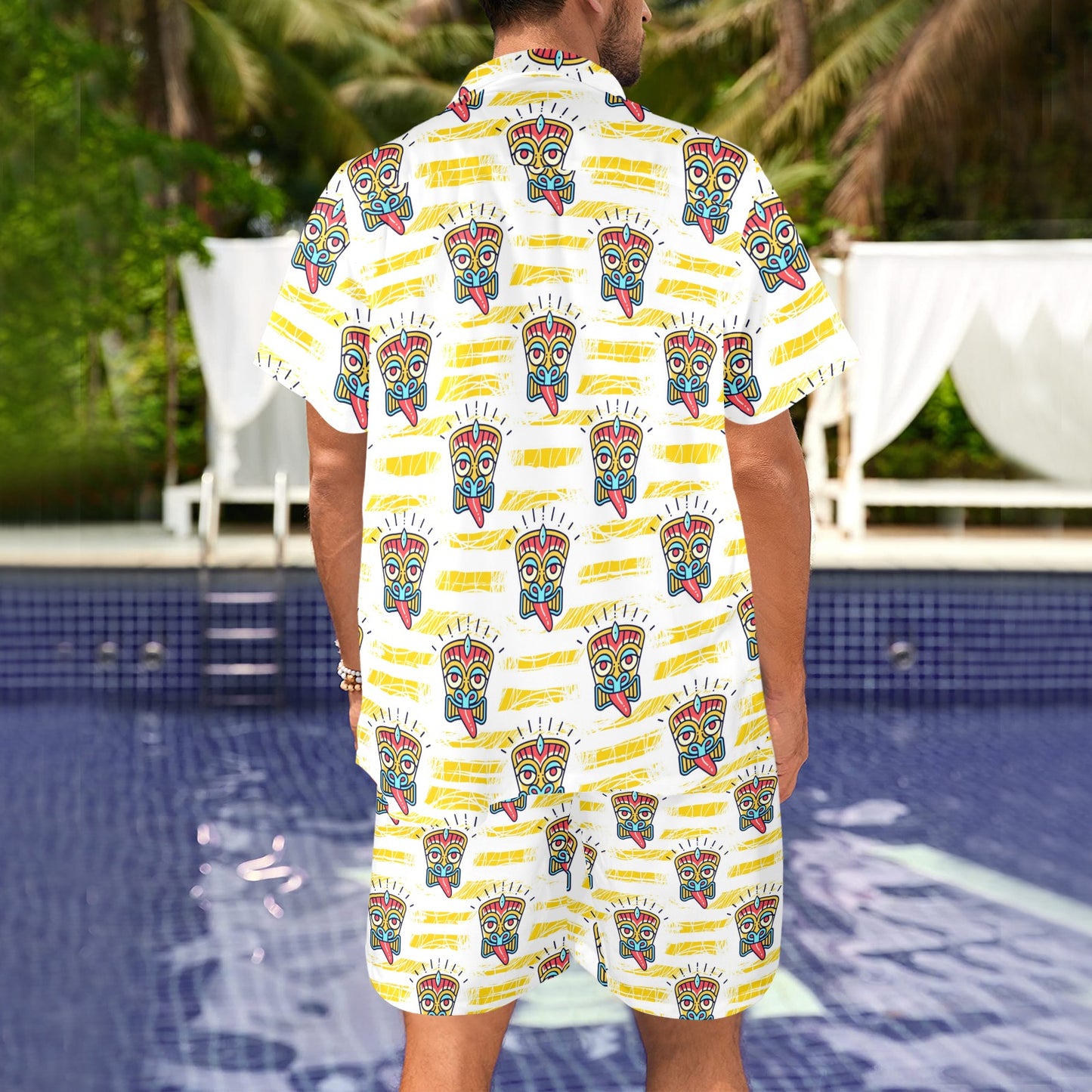 Tiki Smile Mask Print Pattern Men's Beach Shirt and Shorts Set