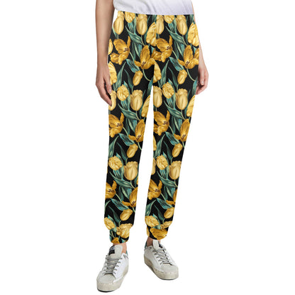 Elegant Yellow Tulip Print Women's Casual Track Pants