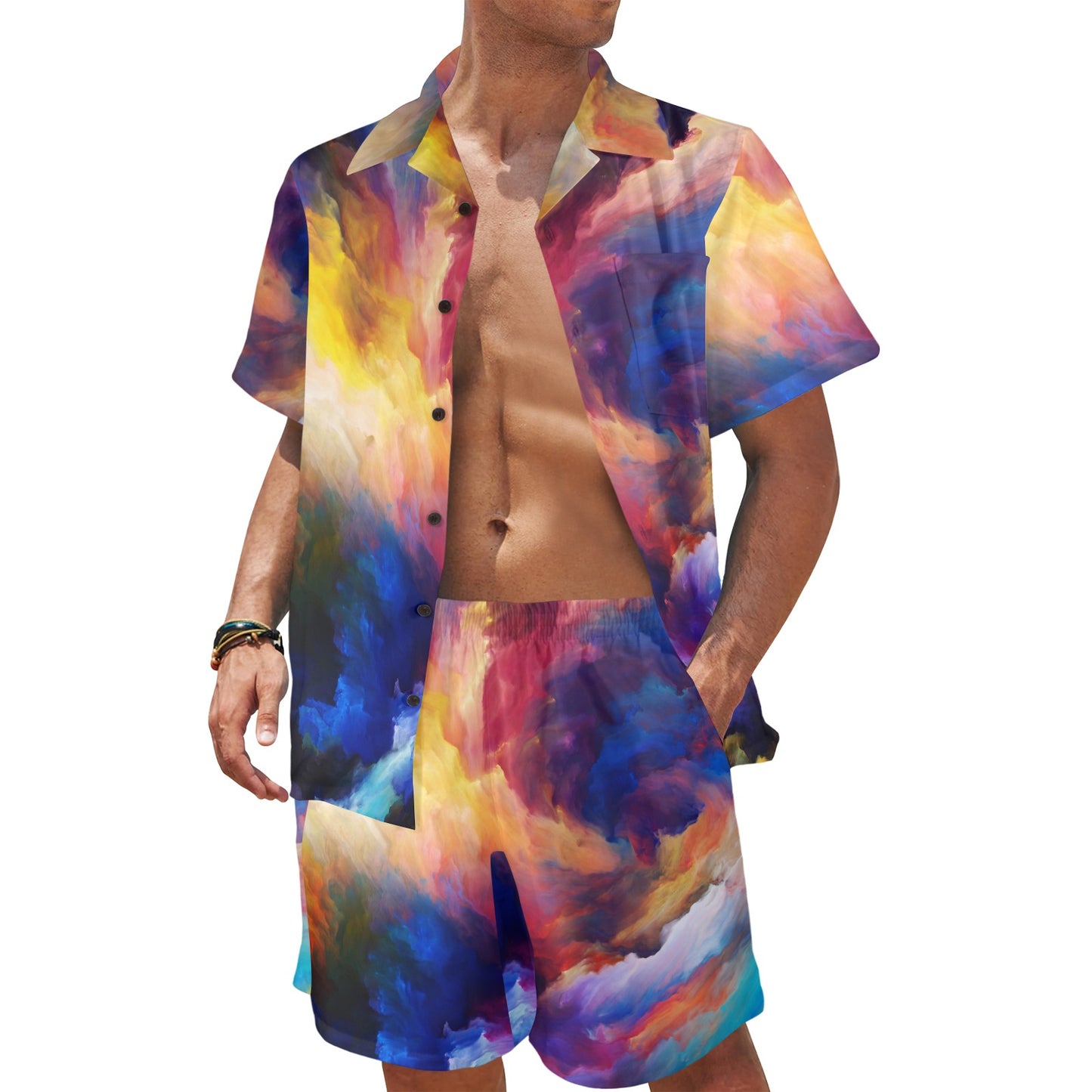 Vortex Twist Swirl Water Color Design Men's Beach Shirt and Shorts Set