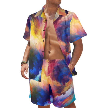 Vortex Twist Swirl Water Color Design Men's Beach Shirt and Shorts Set