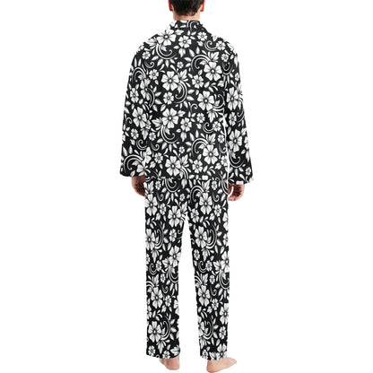 Floral Black White Themed Print Men's Long Pajama Set