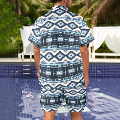 Navajo Dark Blue Print Pattern Men's Beach Shirt and Shorts Set