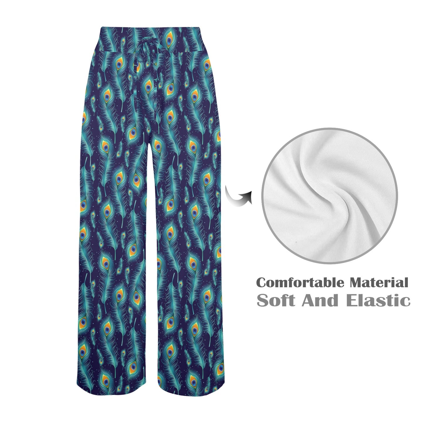 Peacock Feather Blue Design Print Women's Wide Leg Lounge Pants