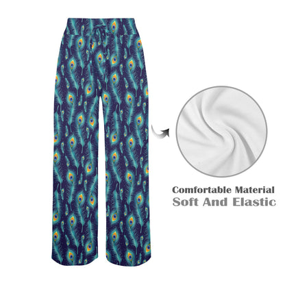 Peacock Feather Blue Design Print Women's Wide Leg Lounge Pants