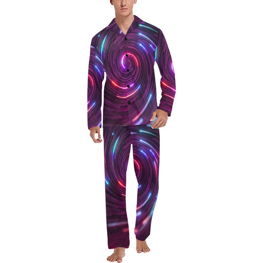 Vortex Twist Swirl Purple Neon Print Men's Long Pajama Set