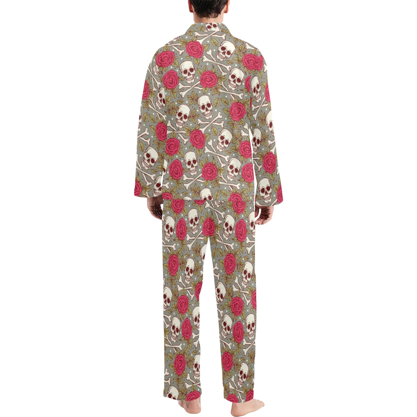 Skull Bone Rose Print Design LKS303 Men's Long Pajama Set