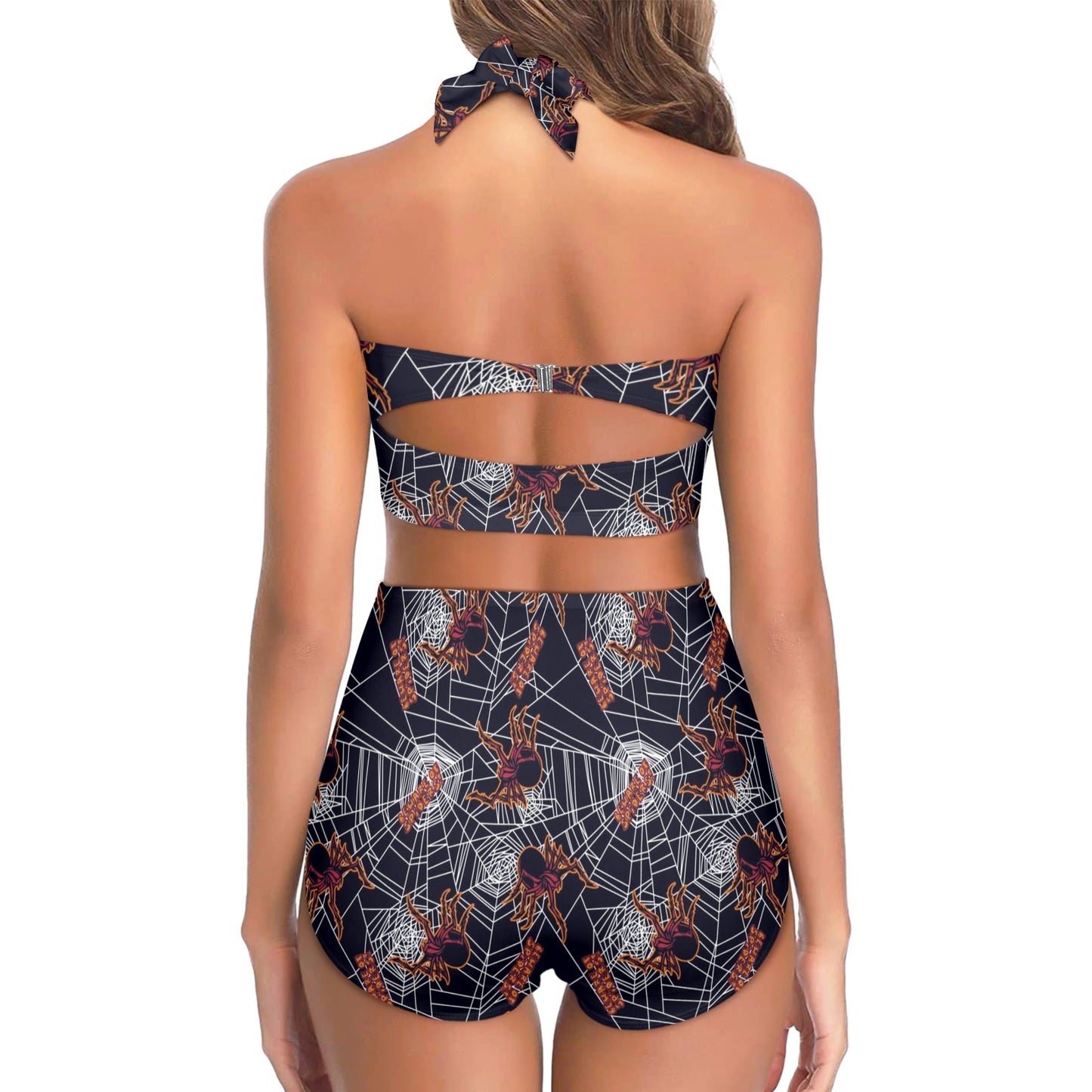 Tarantula Spiderwebs Pattern Print Design 01 Halter Neck Bikini Swimsuit