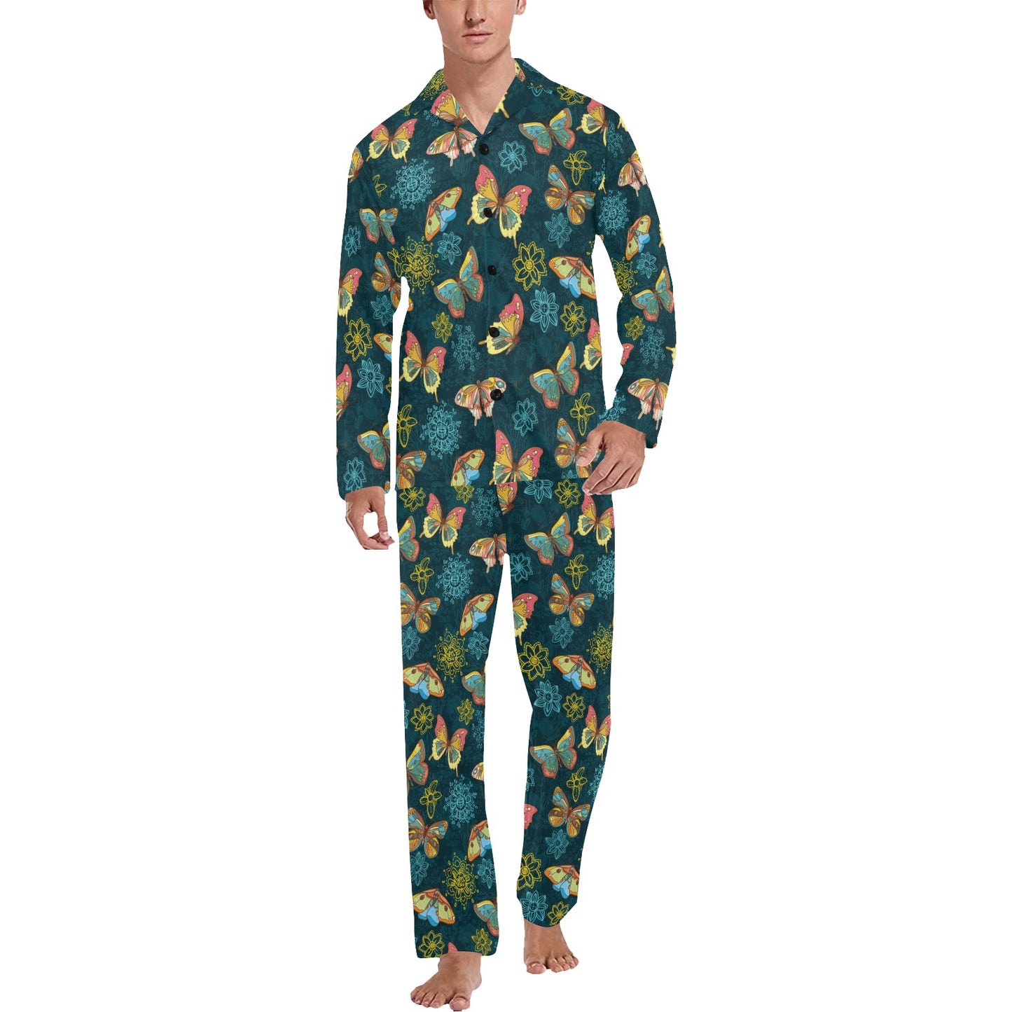 Butterfly Hand Draw Print Pattern Men's Long Pajama Set