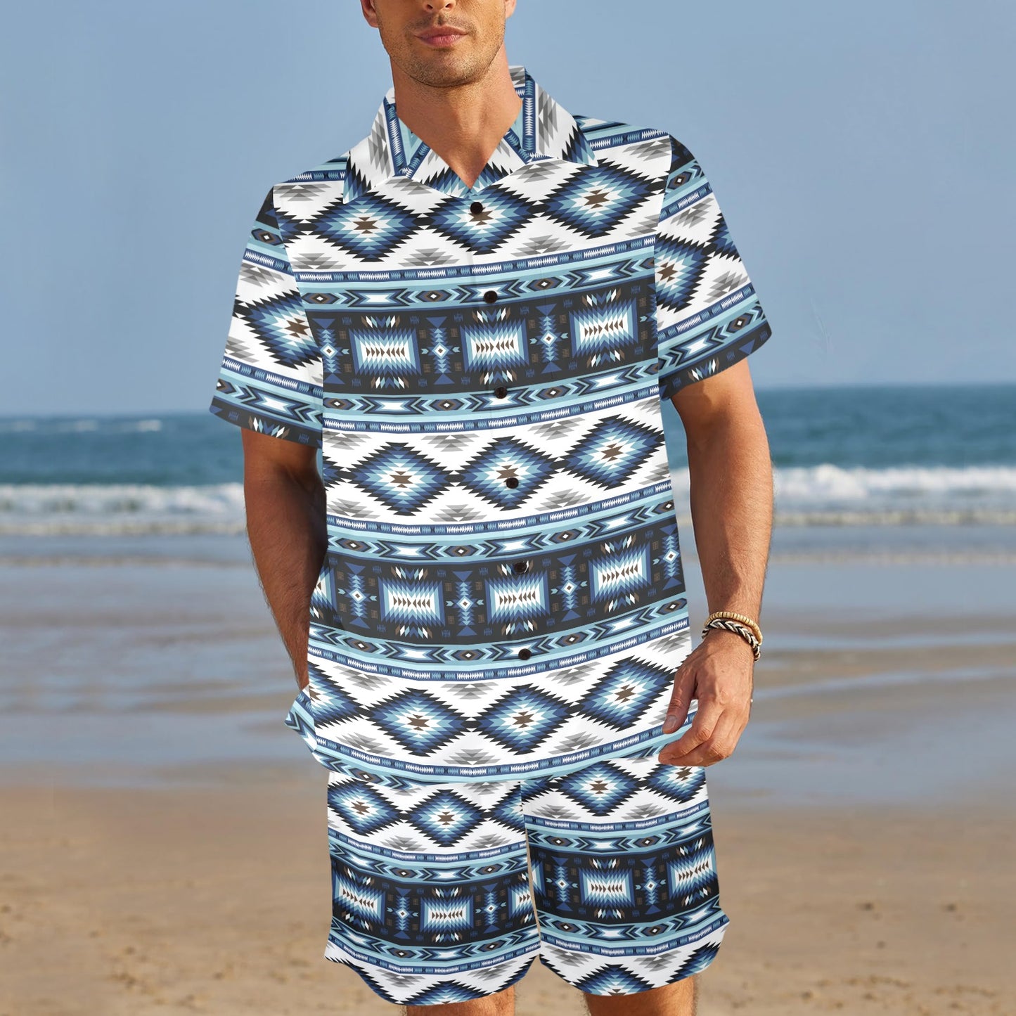Navajo Dark Blue Print Pattern Men's Beach Shirt and Shorts Set