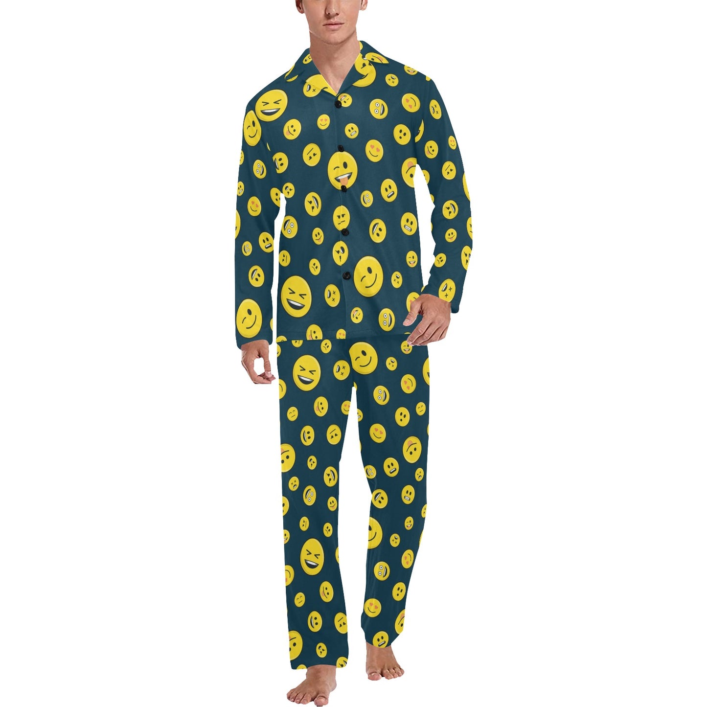 Smiley Face Emoji Print Design LKS301 Men's Long Pajama Set