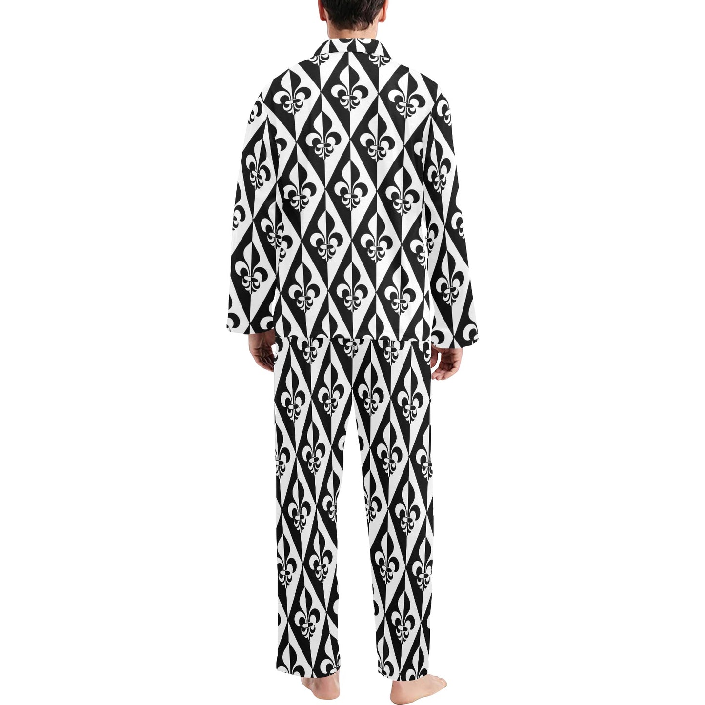 Fleur De Lis Black White Pattern Print Design 02 Men's Long Pajama Set