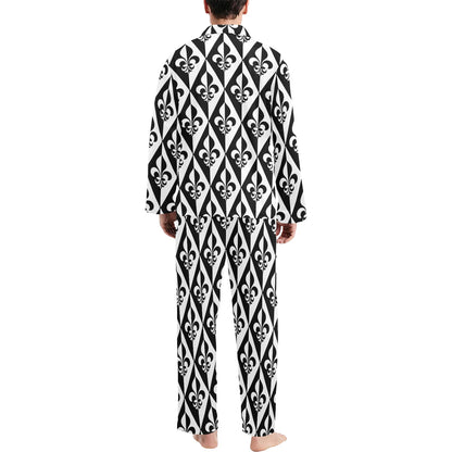 Fleur De Lis Black White Pattern Print Design 02 Men's Long Pajama Set