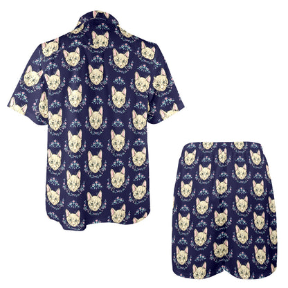 Cat Head with flower Print Pattern Men's Beach Shirt and Shorts Set