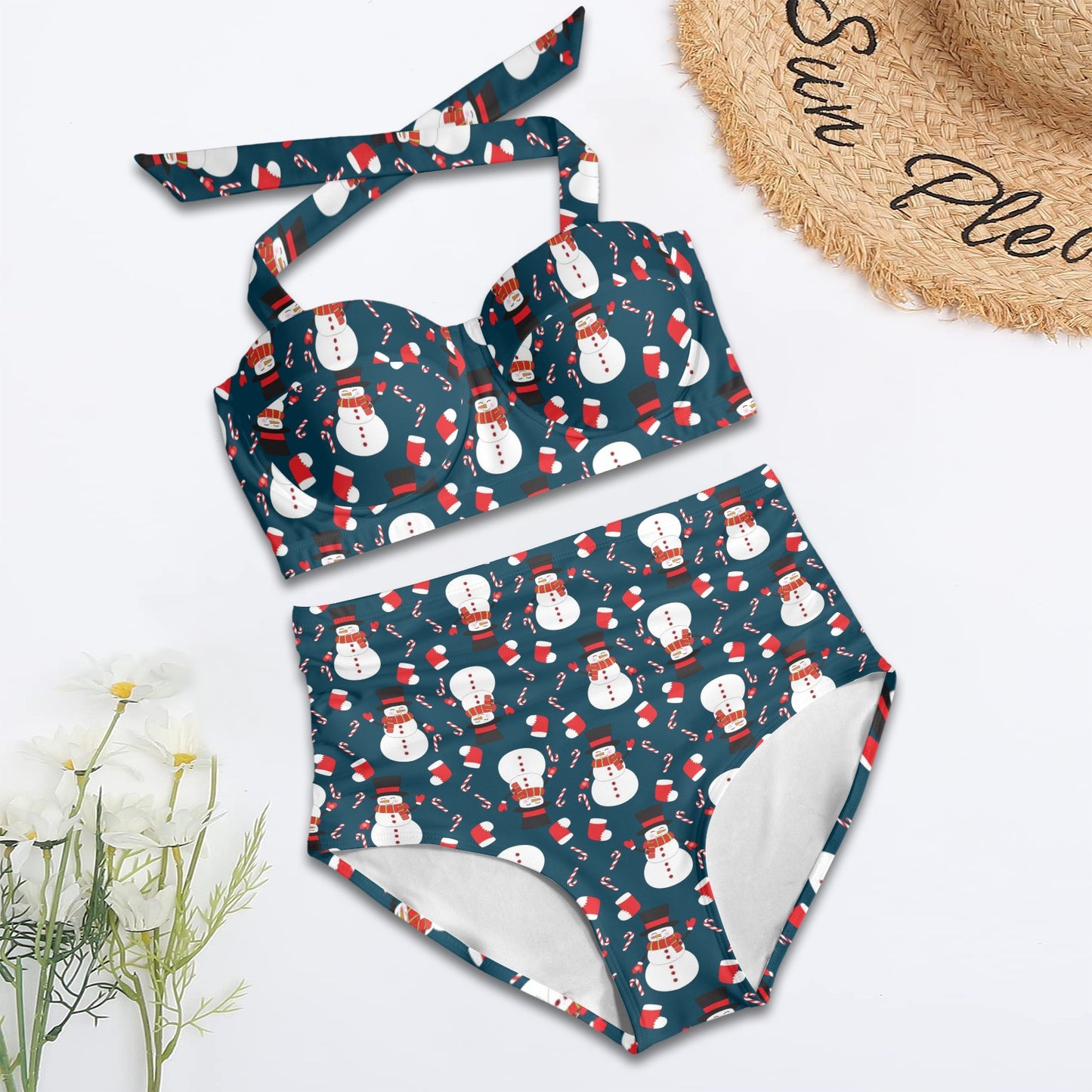 Snowman Print Design LKS301 Halter Neck Bikini Swimsuit