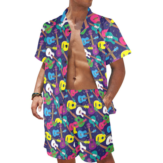 Ukulele Pattern Print Design 02 Men's Beach Shirt and Shorts Set