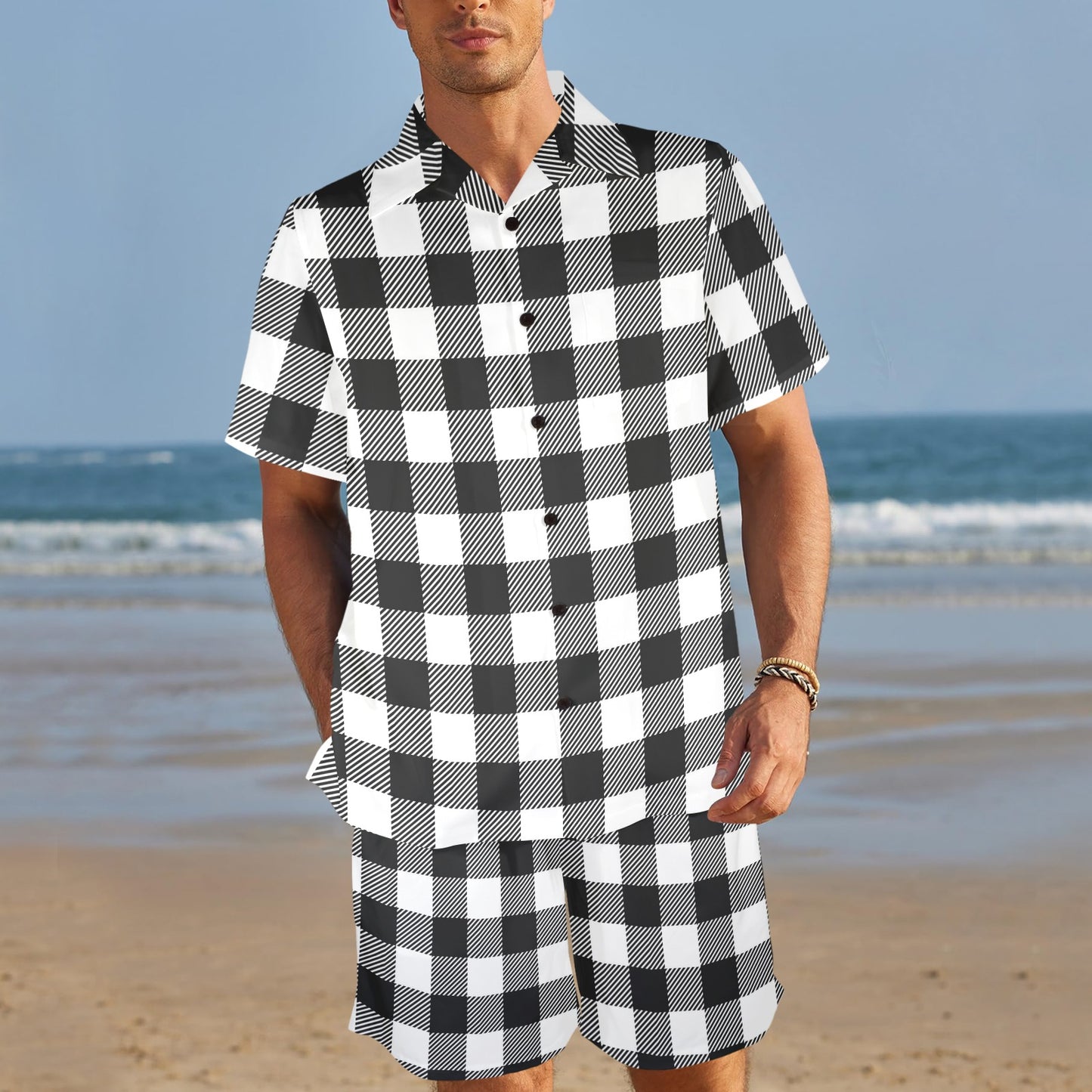 Buffalo check Black white Pattern Print Design 04 Men's Beach Shirt and Shorts Set