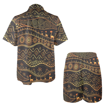 Gold African Design Men's Beach Shirt and Shorts Set