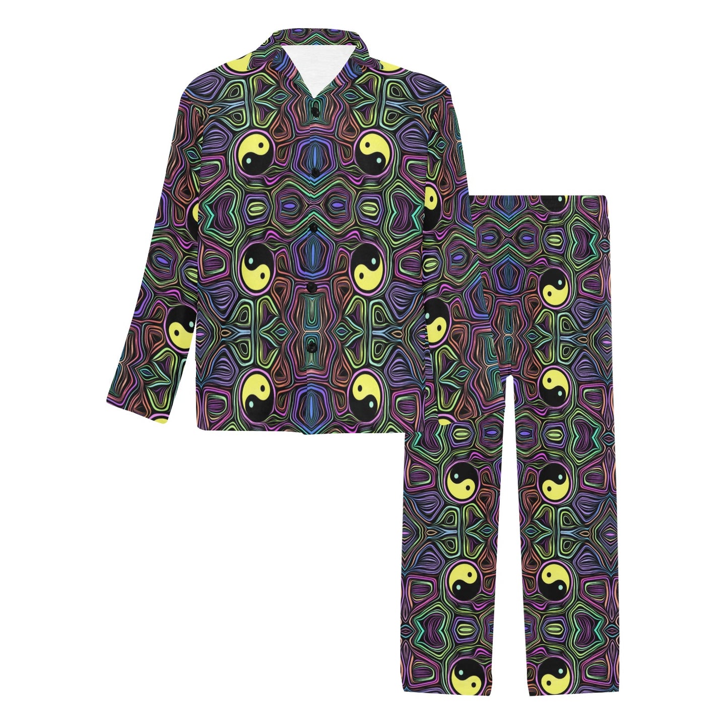 Yin Yang Neon Color Design Print Men's Long Pajama Set