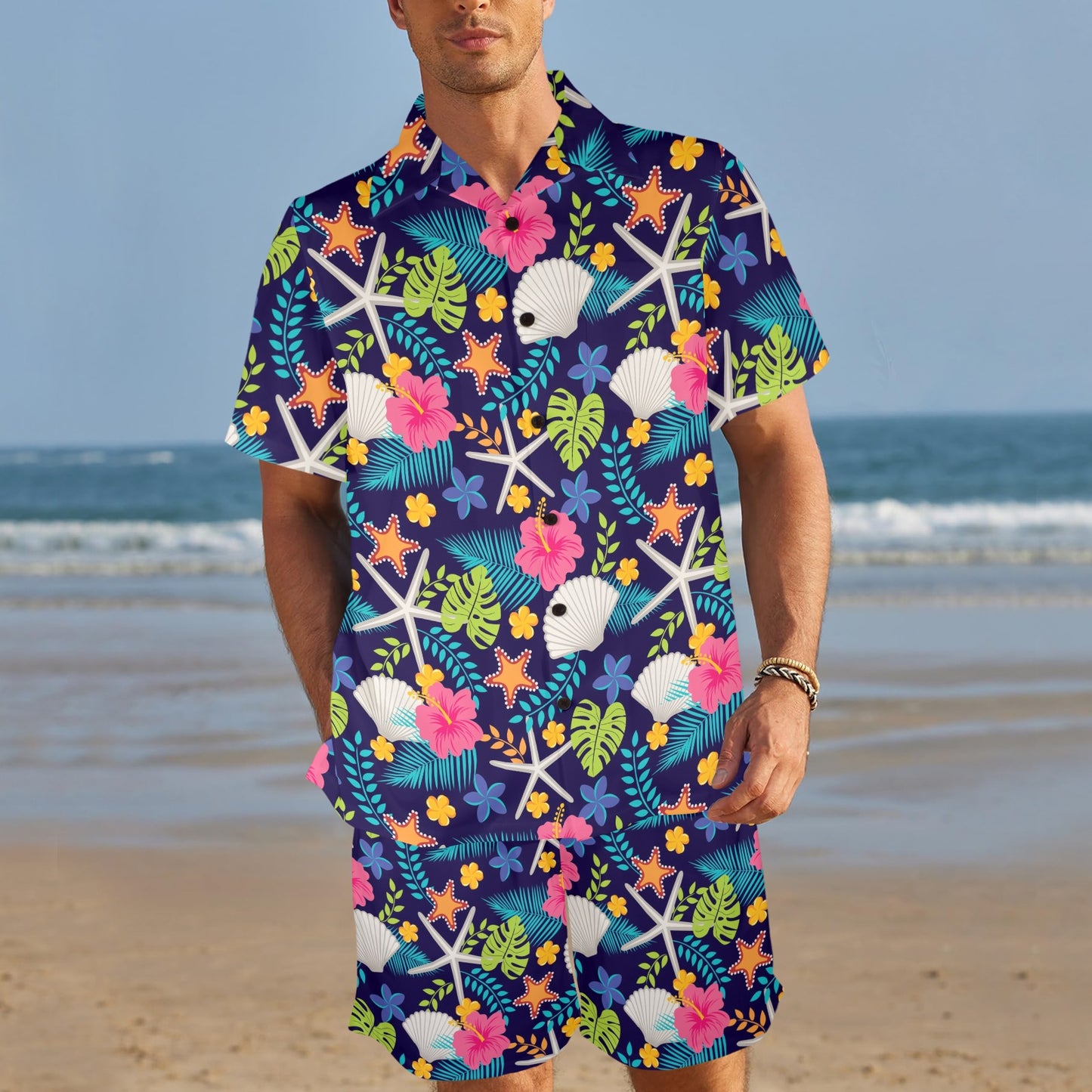Beach Seashell Floral Theme Men's Beach Shirt and Shorts Set