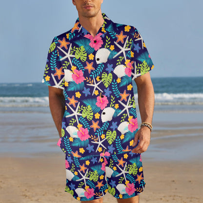 Beach Seashell Floral Theme Men's Beach Shirt and Shorts Set