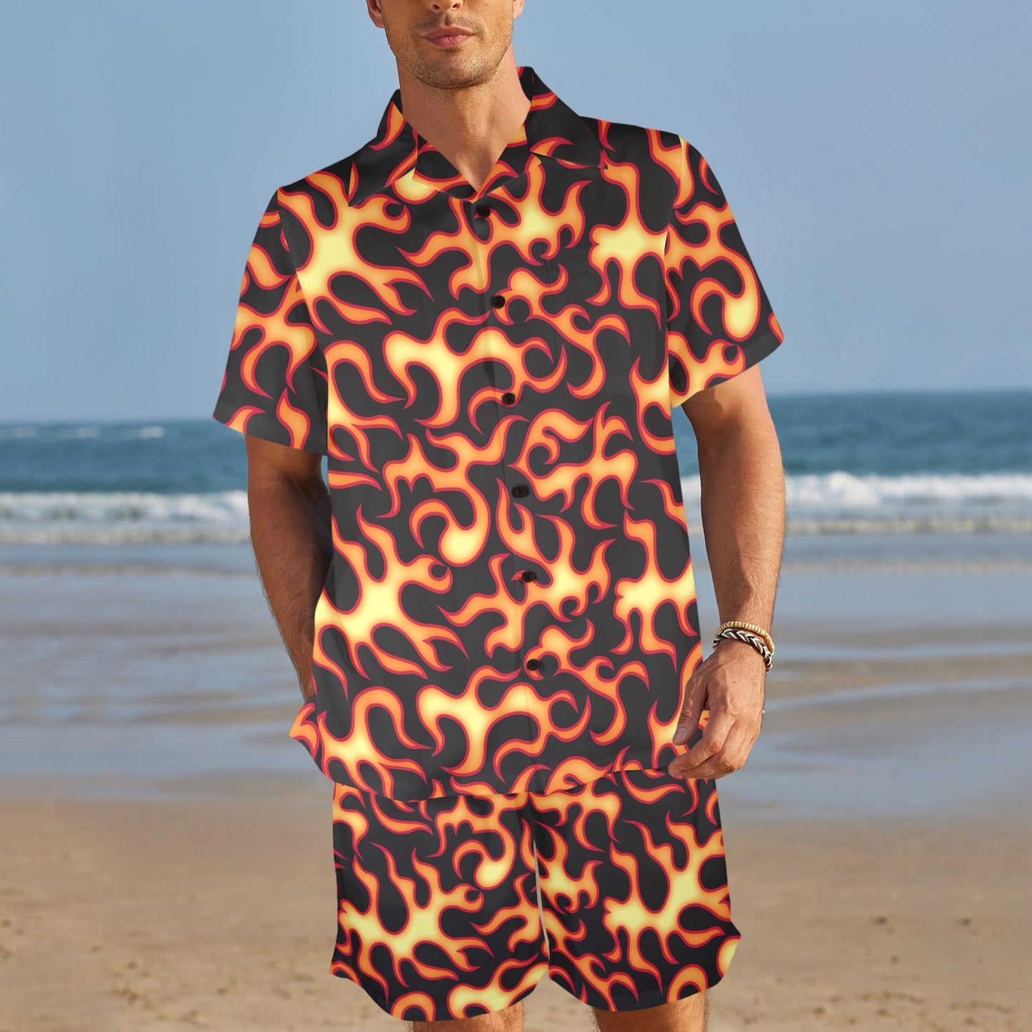 Flame Fire Themed Print Men's Beach Shirt and Shorts Set